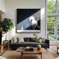 White Horse Rises Night - running white horse painting by Isabelle Laurent, modern Western square wall art – styled room scene view 2
