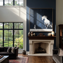 White Horse Rises Night - running white horse painting by Isabelle Laurent, modern Western square wall art – styled room scene view 3