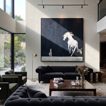 White Horse Rises Night - running white horse painting by Isabelle Laurent, modern Western square wall art – styled room scene view 4