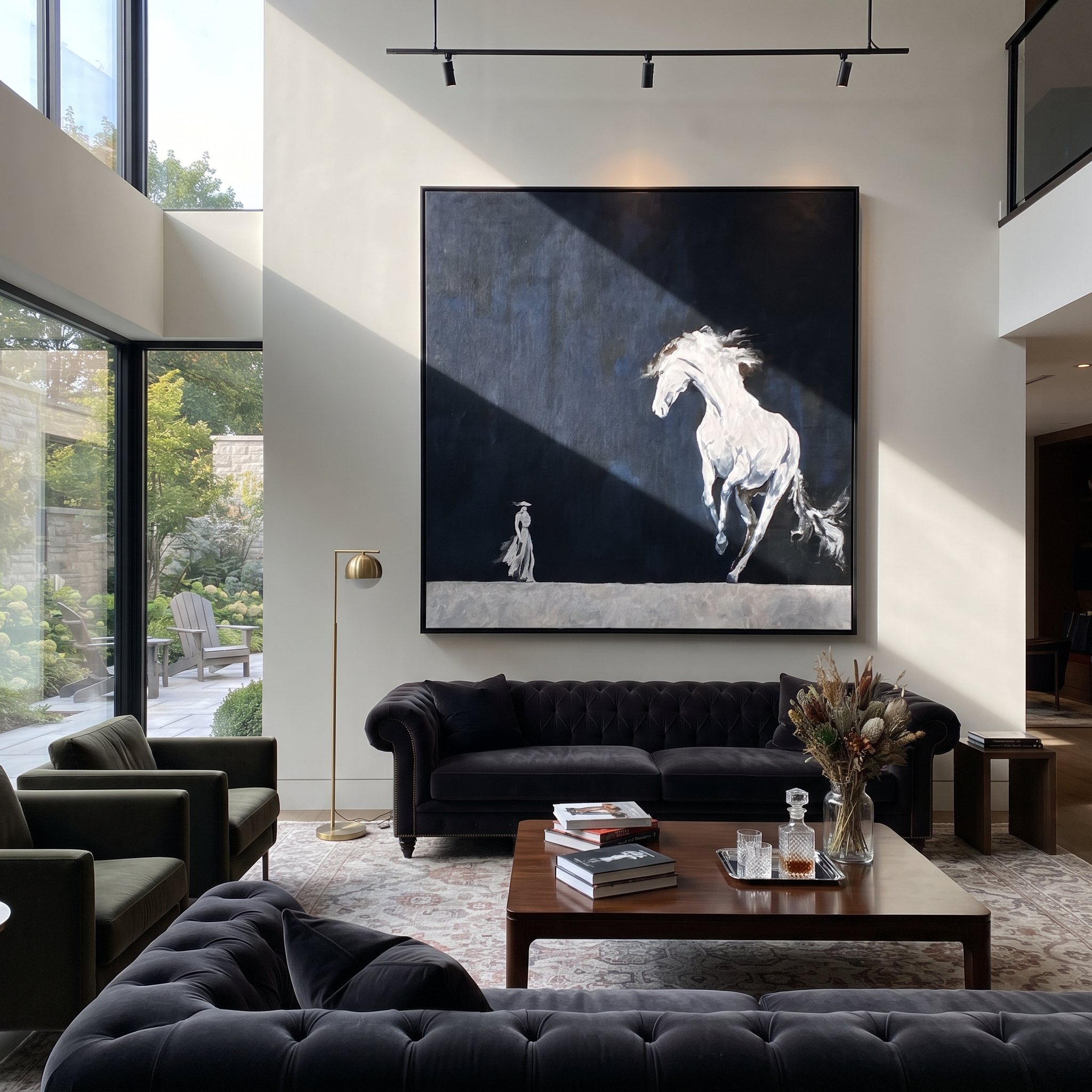 White Horse Rises Night - running white horse painting by Isabelle Laurent, modern Western square wall art – styled room scene view 4