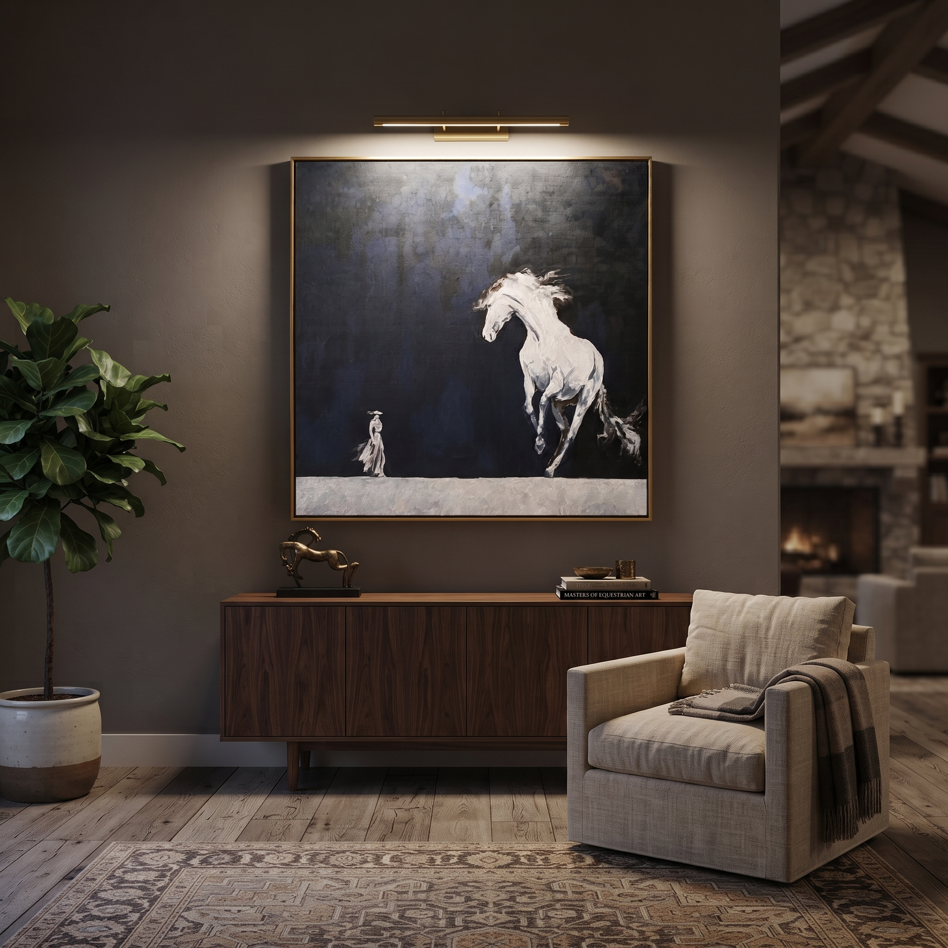 White Horse Rises Night - running white horse painting by Isabelle Laurent, modern Western square wall art – styled room scene view 5