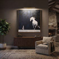 White Horse Rises Night - running white horse painting by Isabelle Laurent, modern Western square wall art – styled room scene view 5