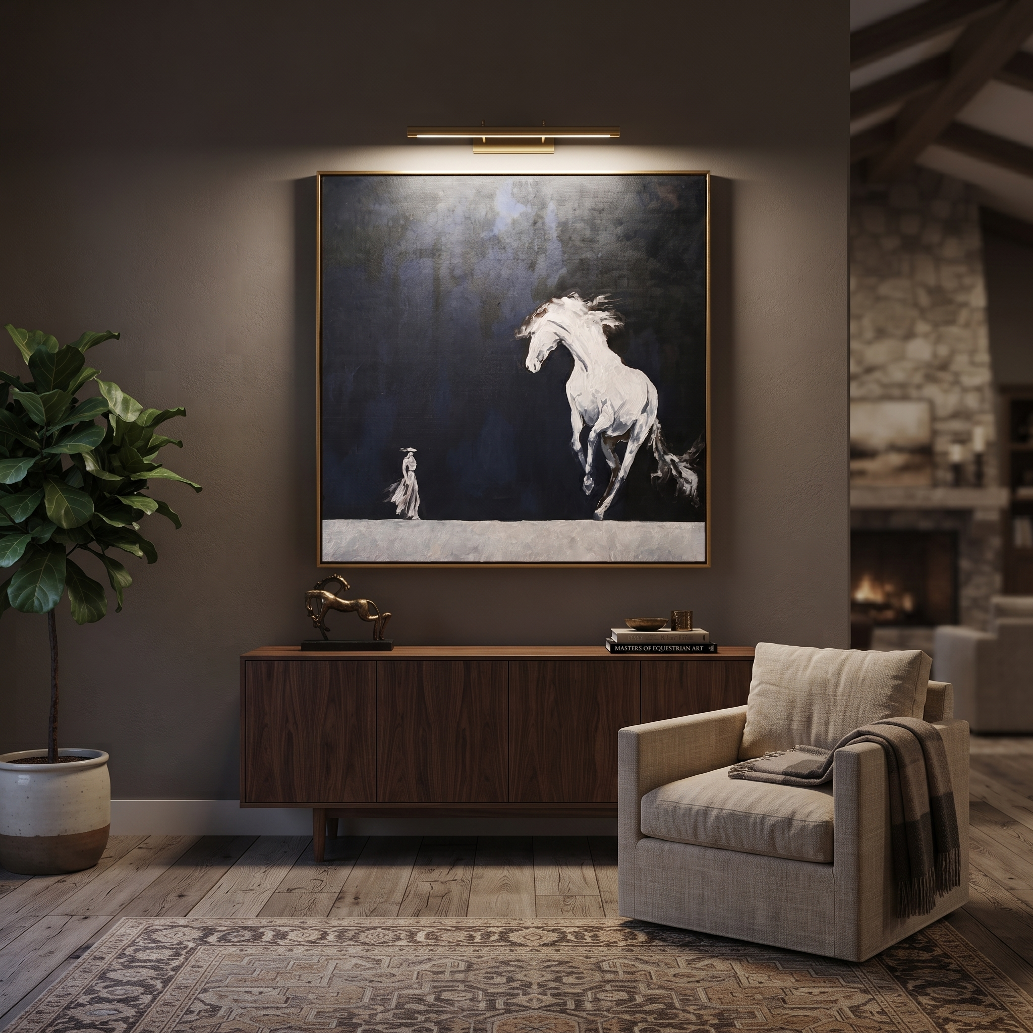 White Horse Rises Night - running white horse painting by Isabelle Laurent, modern Western square wall art – styled room scene view 5