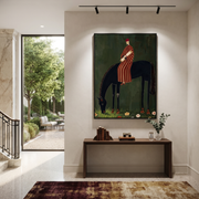 Striped Rider Finds Meadow - black horse rider painting by Isabelle Laurent, modern Western vertical wall art – styled room scene view 1