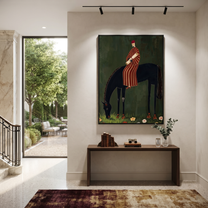 Striped Rider Finds Meadow - black horse rider painting by Isabelle Laurent, modern Western vertical wall art – styled room scene view 1