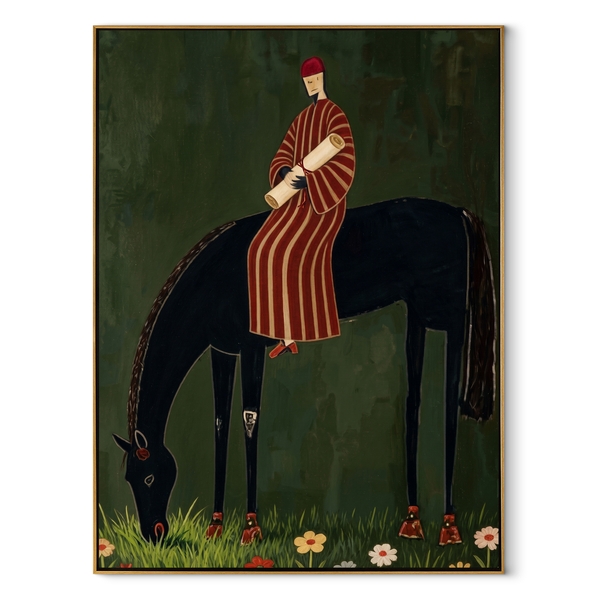 Striped Rider Finds Meadow - black horse rider painting by Isabelle Laurent, modern Western vertical wall art – wood frame on white background