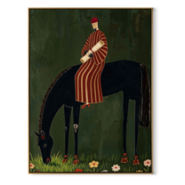 Striped Rider Finds Meadow - black horse rider painting by Isabelle Laurent, modern Western vertical wall art – wood frame on white background