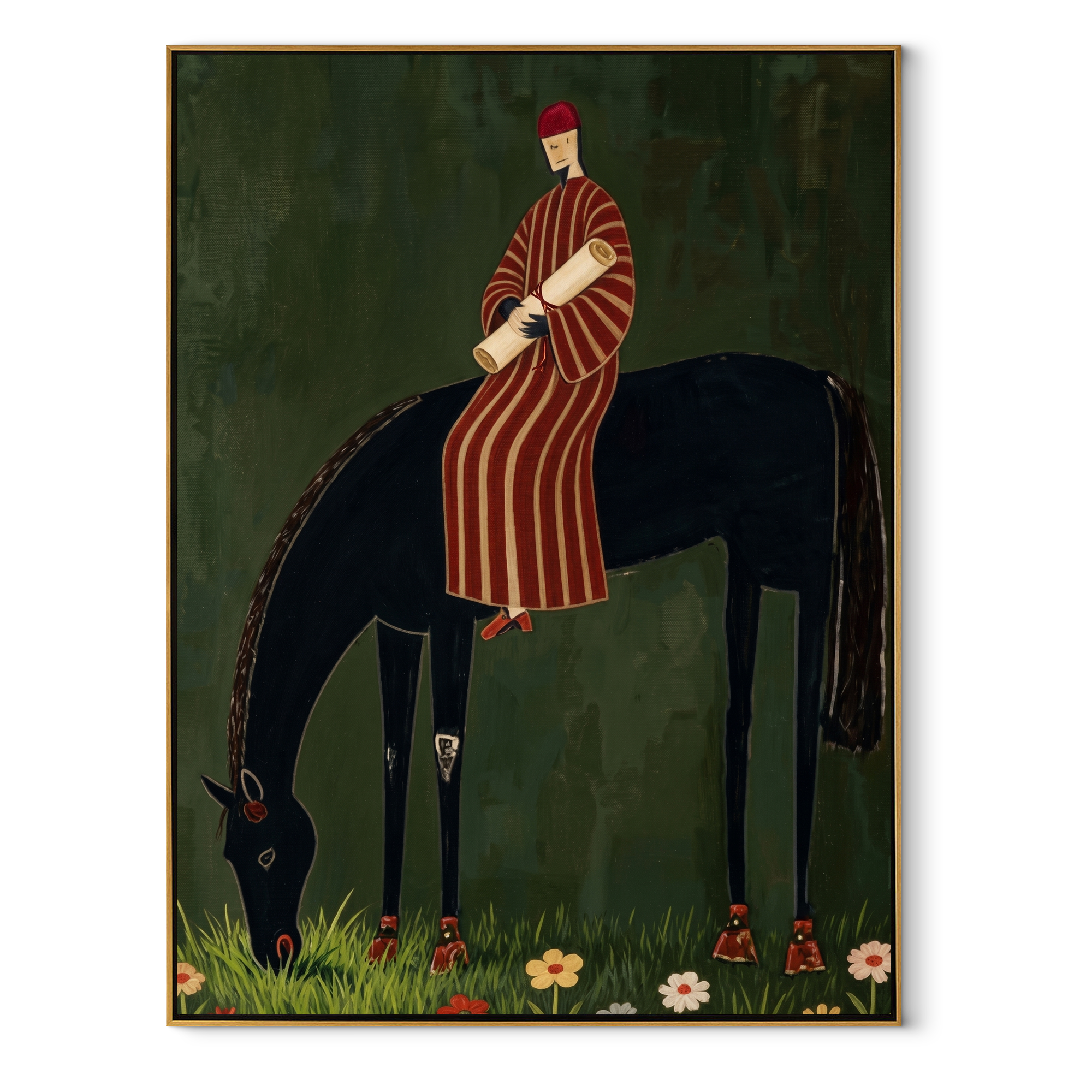Striped Rider Finds Meadow - black horse rider painting by Isabelle Laurent, modern Western vertical wall art – wood frame on white background