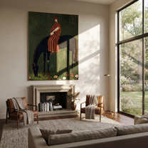 Striped Rider Finds Meadow - black horse rider painting by Isabelle Laurent, modern Western vertical wall art – styled room scene view 2