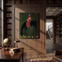 Striped Rider Finds Meadow - black horse rider painting by Isabelle Laurent, modern Western vertical wall art – styled room scene view 4