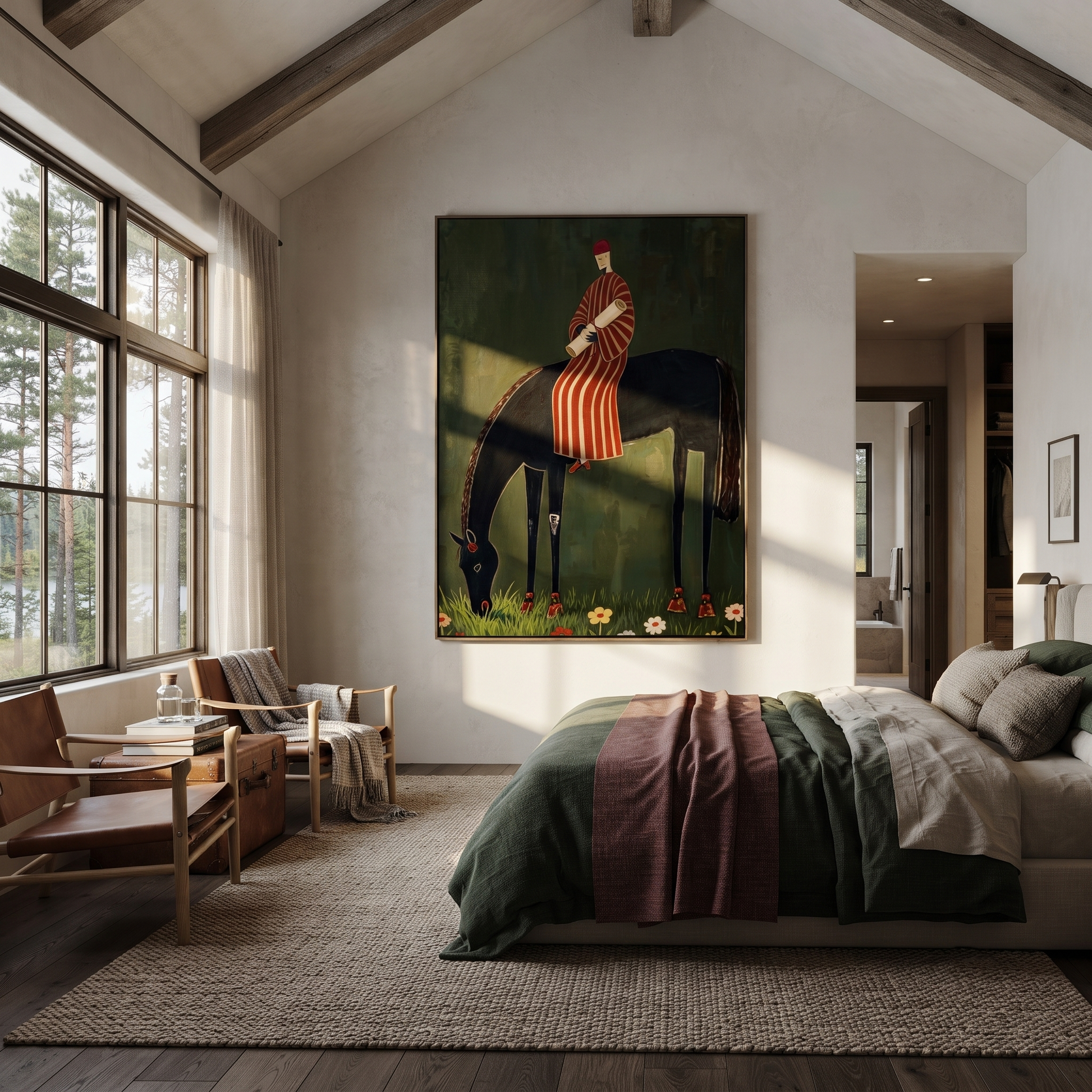Striped Rider Finds Meadow - black horse rider painting by Isabelle Laurent, modern Western vertical wall art – styled room scene view 5