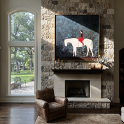 Red Saddle Crosses Blue - white horse rider painting by Isabelle Laurent, modern Western square wall art – styled room scene view 1