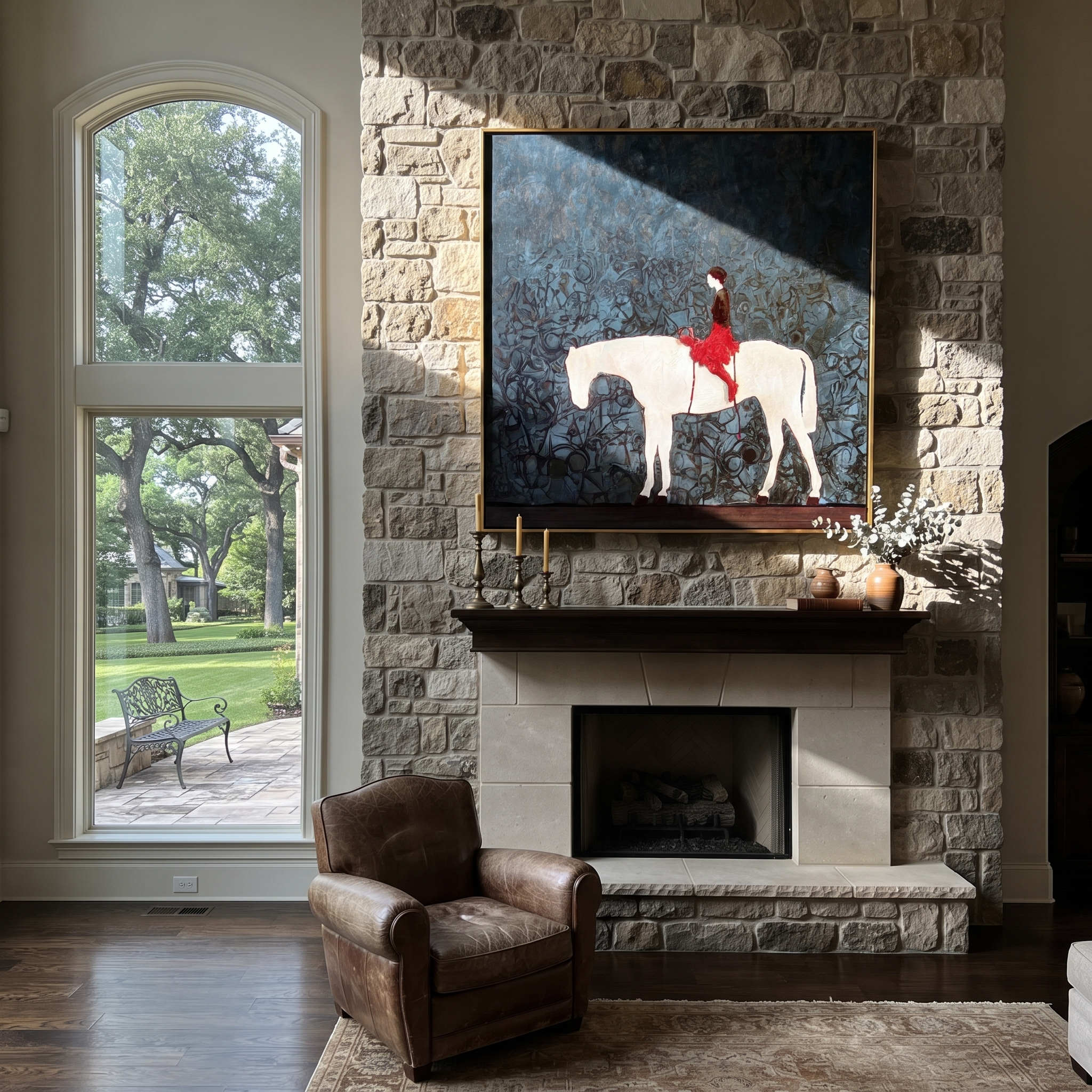 Red Saddle Crosses Blue - white horse rider painting by Isabelle Laurent, modern Western square wall art – styled room scene view 1