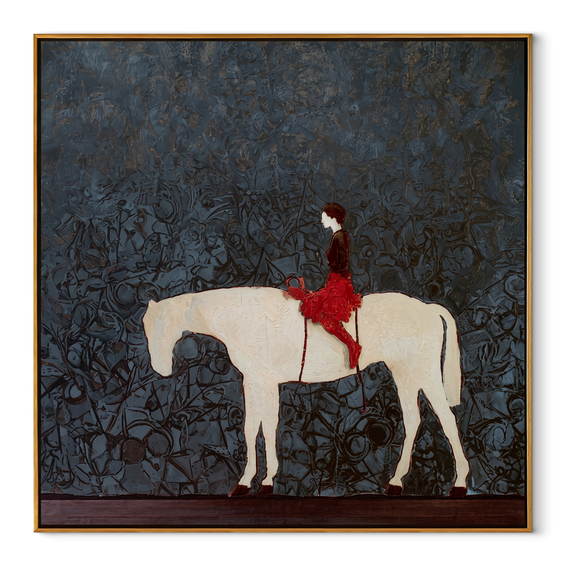 Red Saddle Crosses Blue - white horse rider painting by Isabelle Laurent, modern Western square wall art – wood frame on white background
