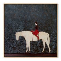 Red Saddle Crosses Blue - white horse rider painting by Isabelle Laurent, modern Western square wall art – wood frame on white background