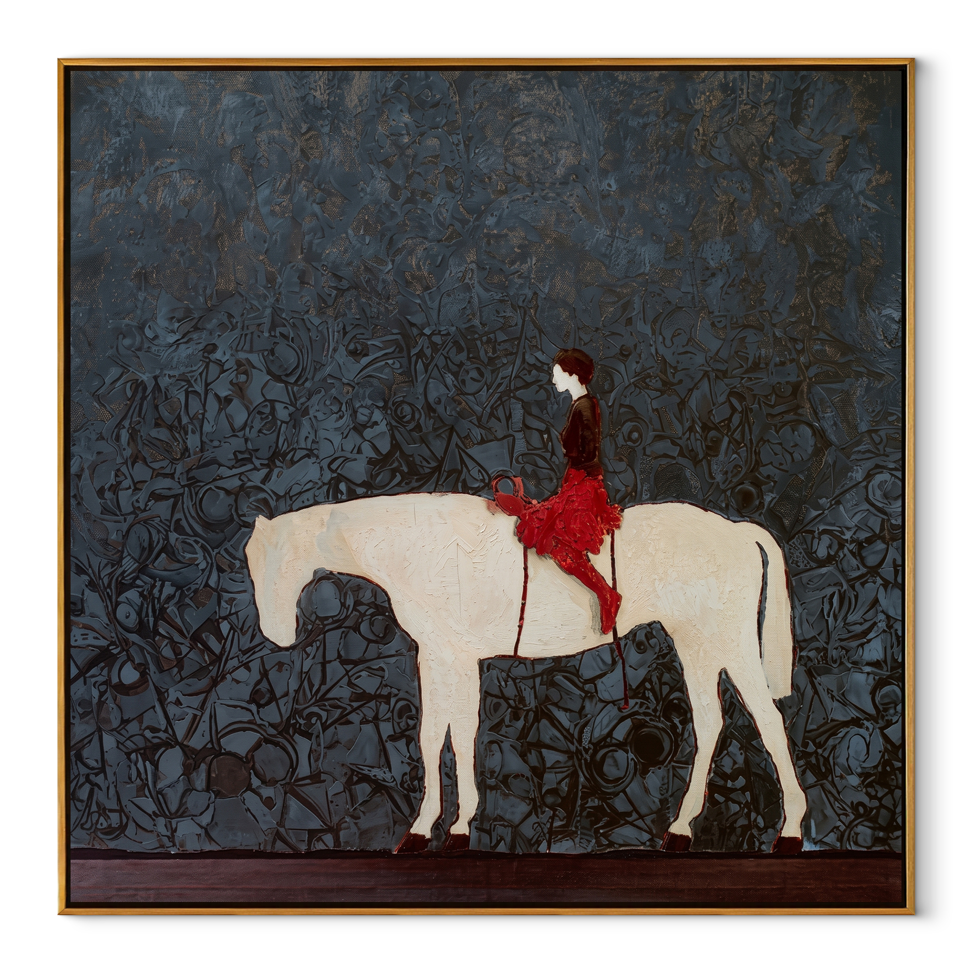 Red Saddle Crosses Blue - white horse rider painting by Isabelle Laurent, modern Western square wall art – wood frame on white background