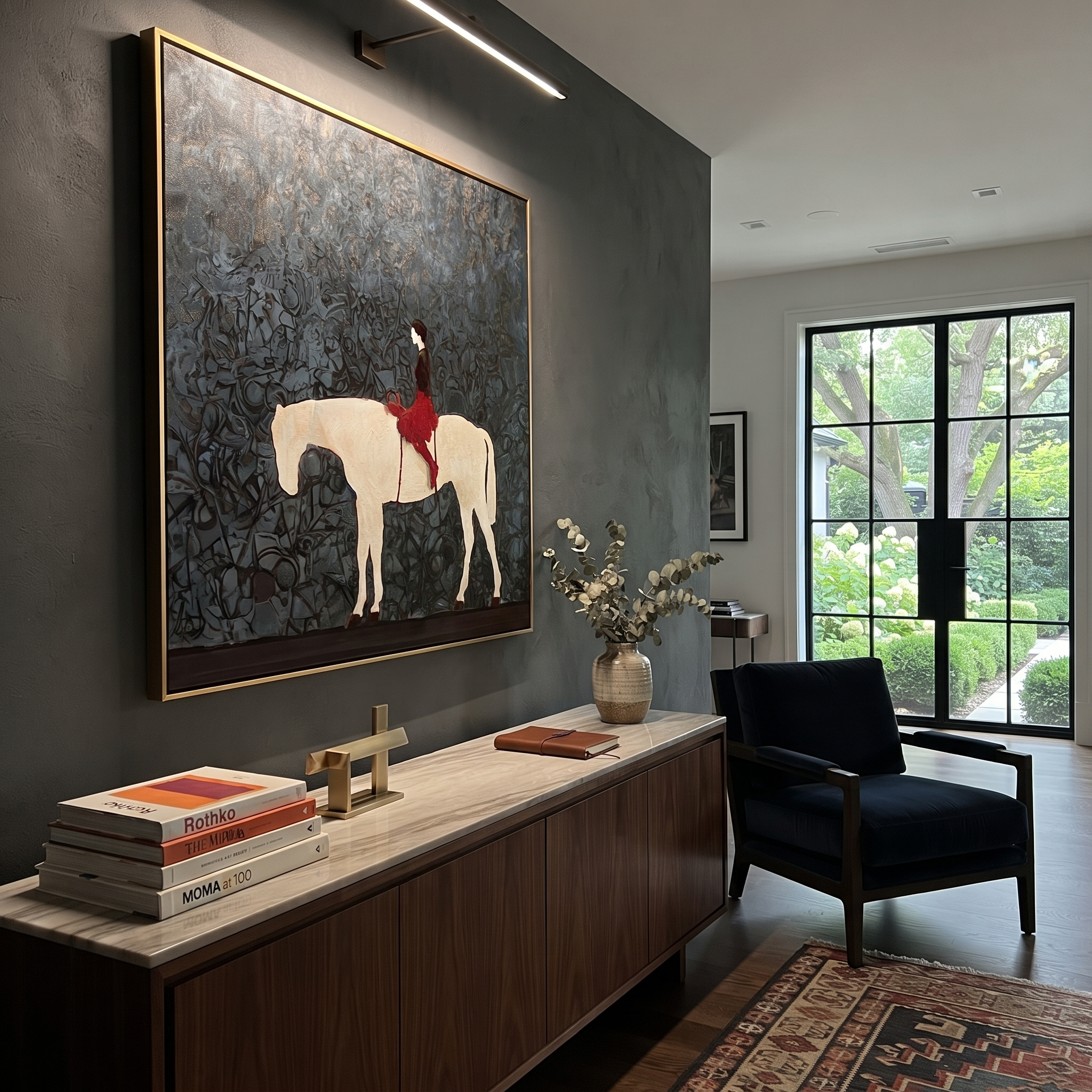 Red Saddle Crosses Blue - white horse rider painting by Isabelle Laurent, modern Western square wall art – styled room scene view 2