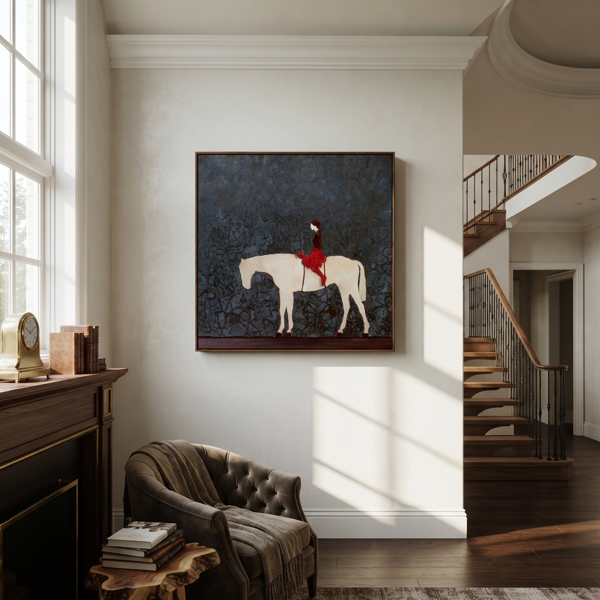 Red Saddle Crosses Blue - white horse rider painting by Isabelle Laurent, modern Western square wall art – styled room scene view 3