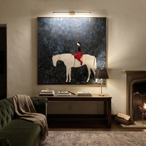 Red Saddle Crosses Blue - white horse rider painting by Isabelle Laurent, modern Western square wall art – styled room scene view 4