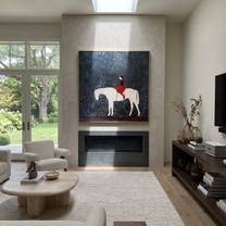 Red Saddle Crosses Blue - white horse rider painting by Isabelle Laurent, modern Western square wall art – styled room scene view 5