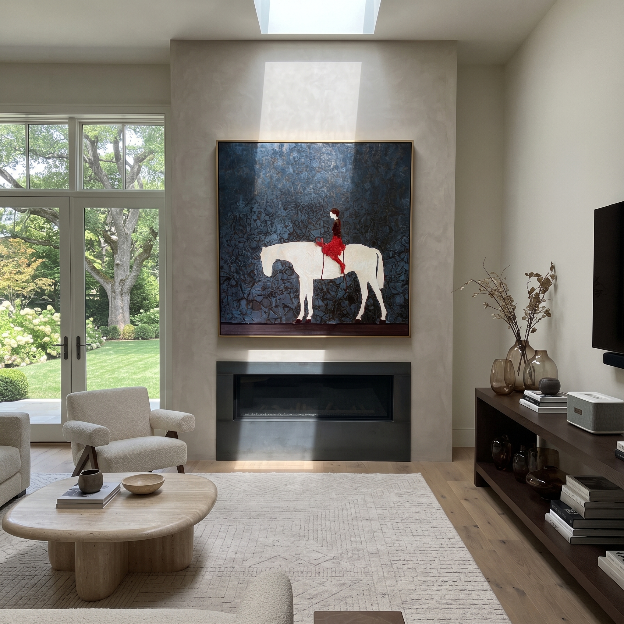 Red Saddle Crosses Blue - white horse rider painting by Isabelle Laurent, modern Western square wall art – styled room scene view 5