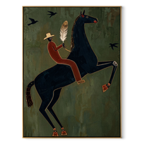 Feather Rider Rears Green - rearing black horse painting by Isabelle Laurent, modern Western vertical wall art – wood frame on white background