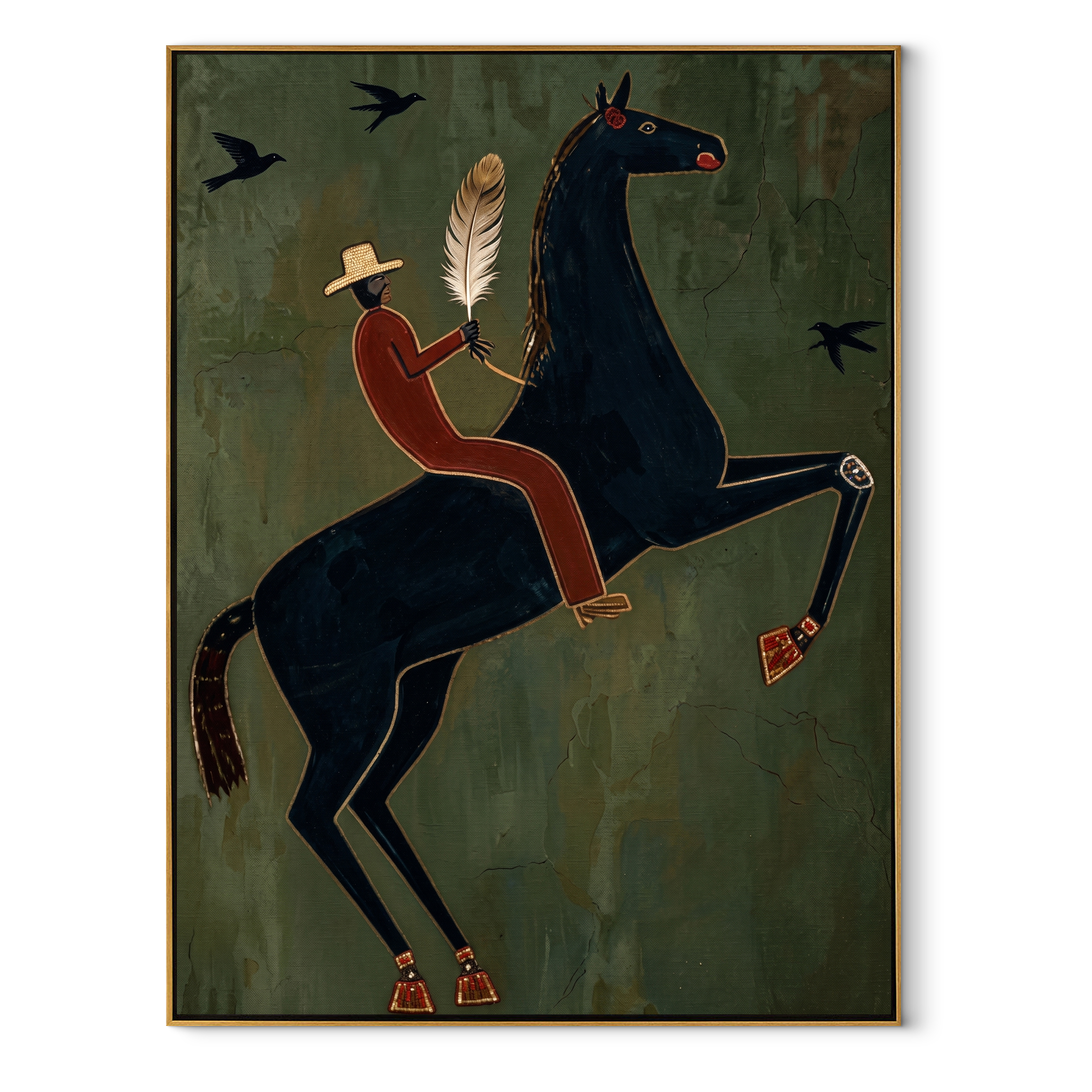 Feather Rider Rears Green - rearing black horse painting by Isabelle Laurent, modern Western vertical wall art – wood frame on white background