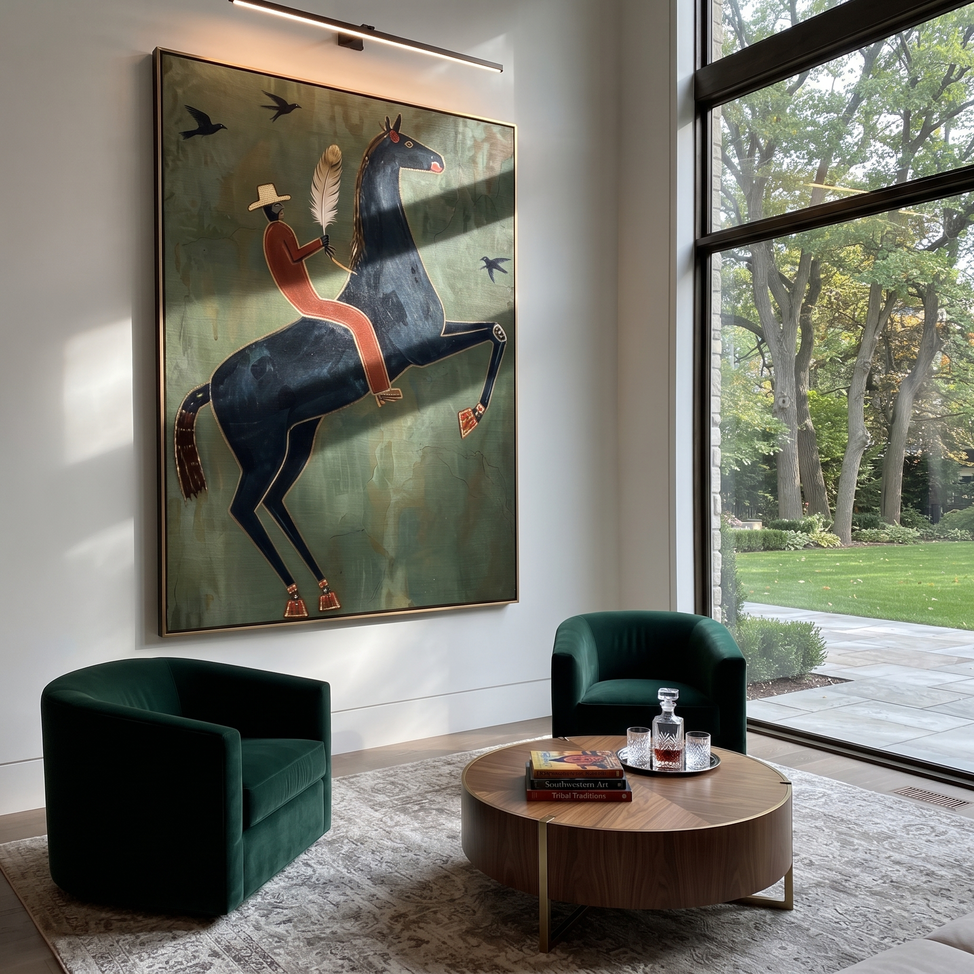 Feather Rider Rears Green - rearing black horse painting by Isabelle Laurent, modern Western vertical wall art – styled room scene view 2
