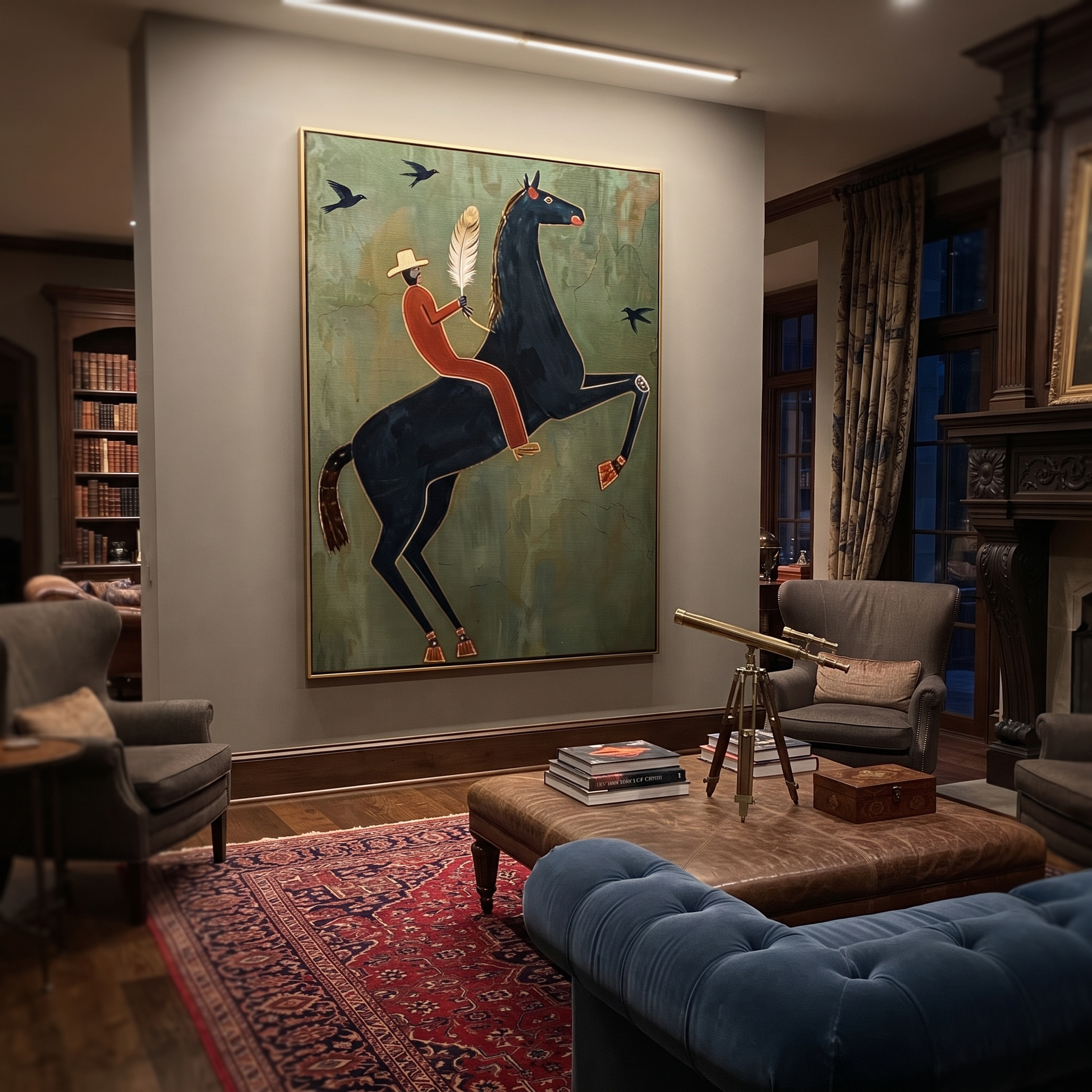 Feather Rider Rears Green - rearing black horse painting by Isabelle Laurent, modern Western vertical wall art – styled room scene view 3