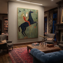 Feather Rider Rears Green - rearing black horse painting by Isabelle Laurent, modern Western vertical wall art – styled room scene view 3