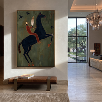 Feather Rider Rears Green - rearing black horse painting by Isabelle Laurent, modern Western vertical wall art – styled room scene view 4