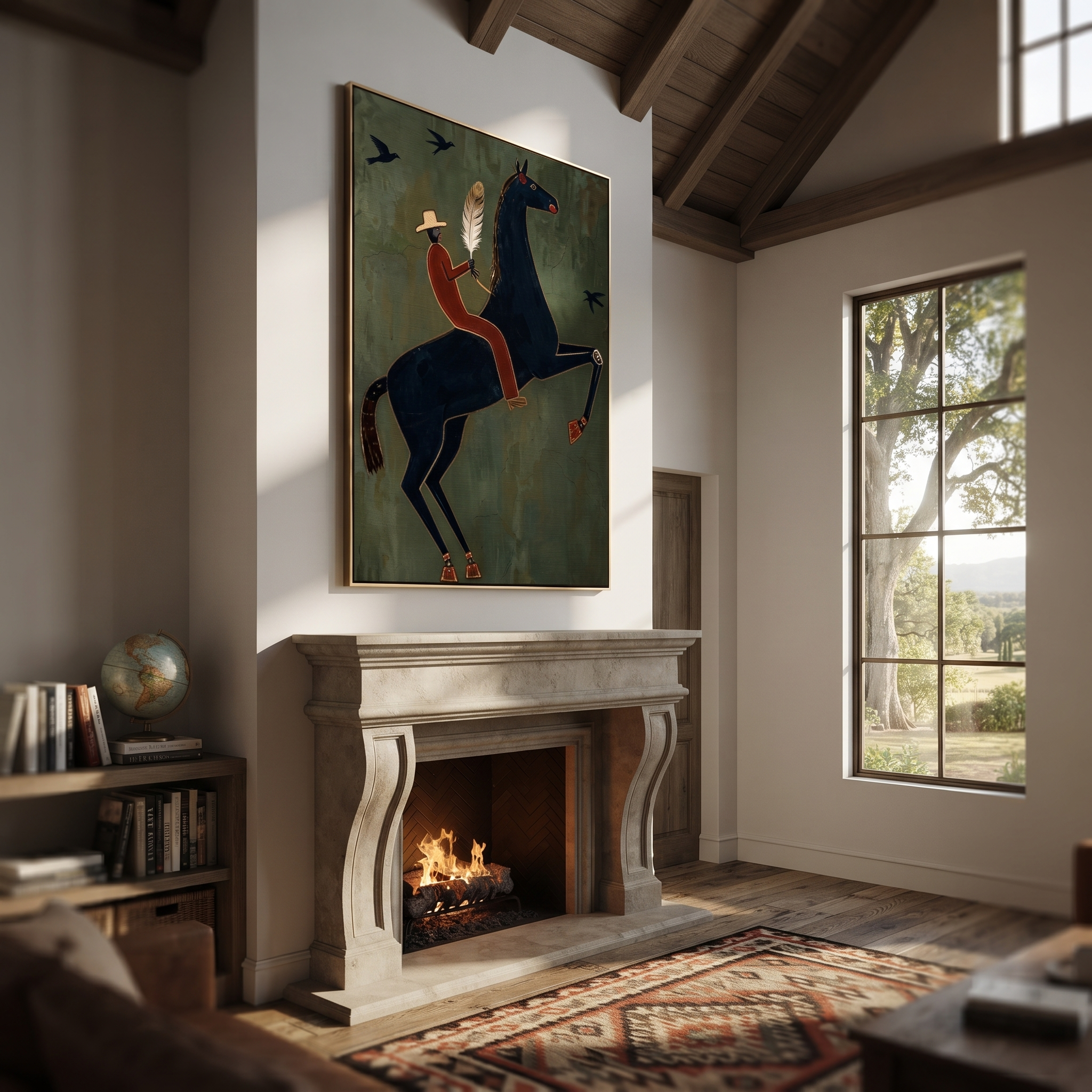 Feather Rider Rears Green - rearing black horse painting by Isabelle Laurent, modern Western vertical wall art – styled room scene view 5
