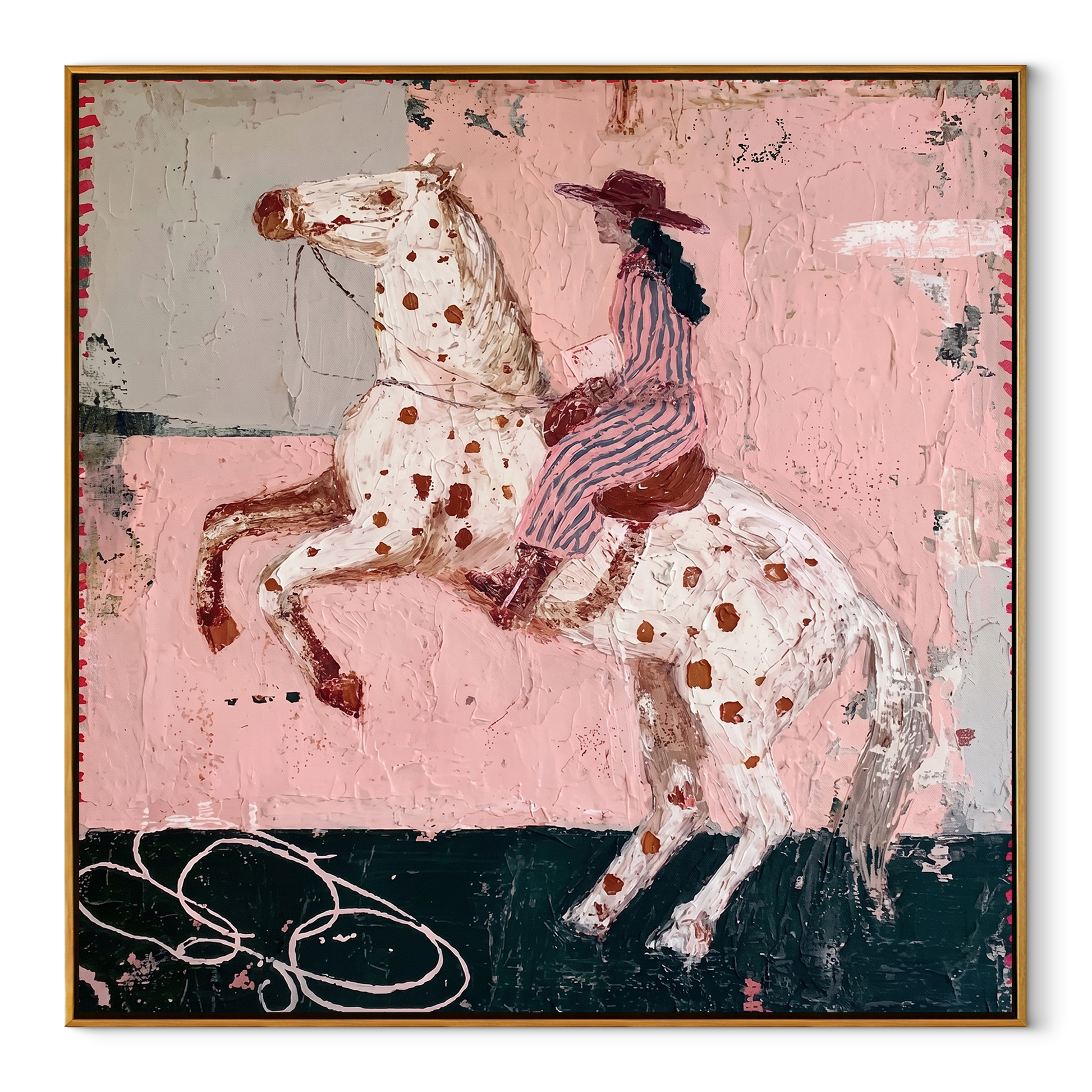 Spotted Horse Rises Blush - rearing horse rider painting by Isabelle Laurent, modern Western square wall art – wood frame on white background