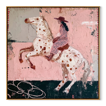 Spotted Horse Rises Blush - rearing horse rider painting by Isabelle Laurent, modern Western square wall art – wood frame on white background