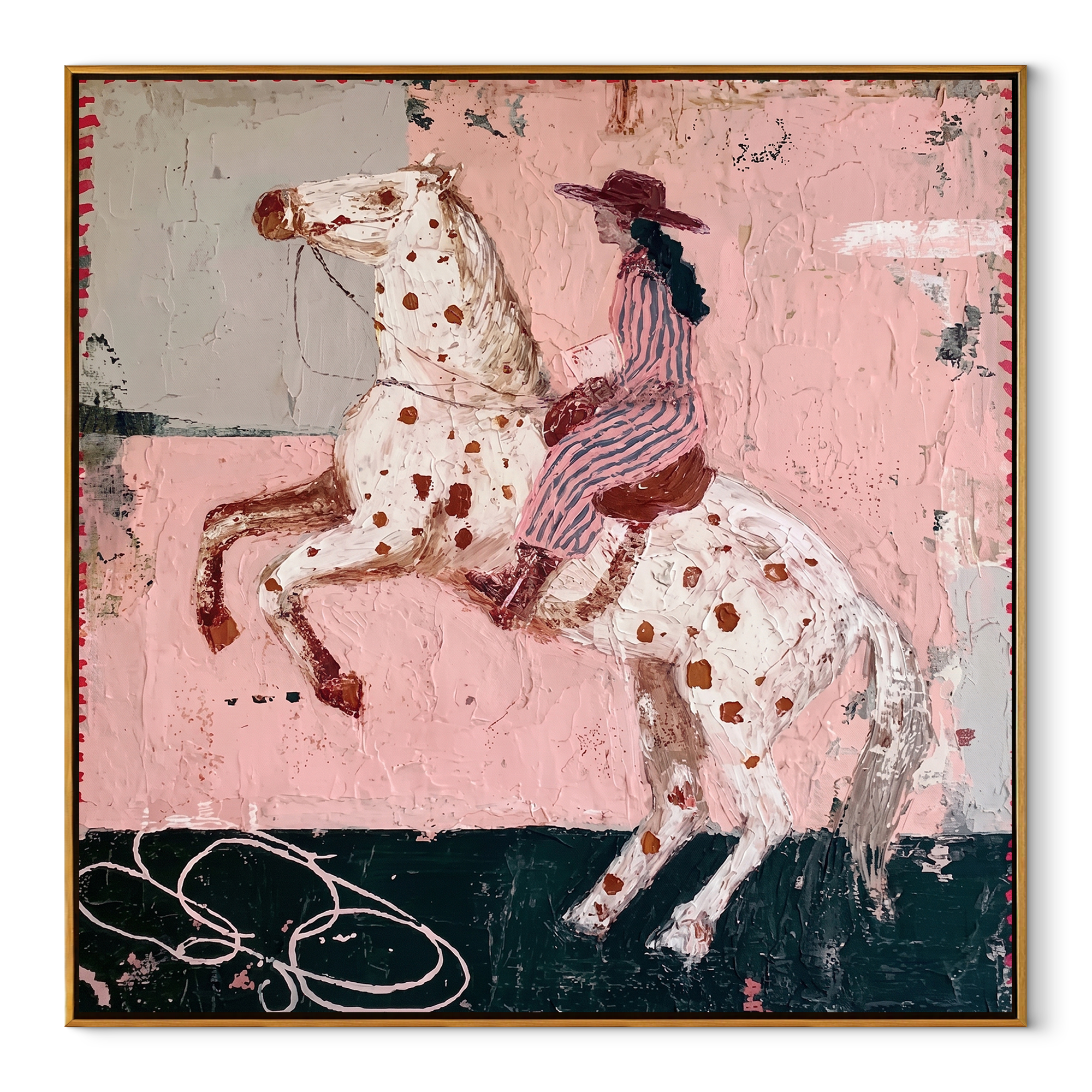 Spotted Horse Rises Blush - rearing horse rider painting by Isabelle Laurent, modern Western square wall art – wood frame on white background