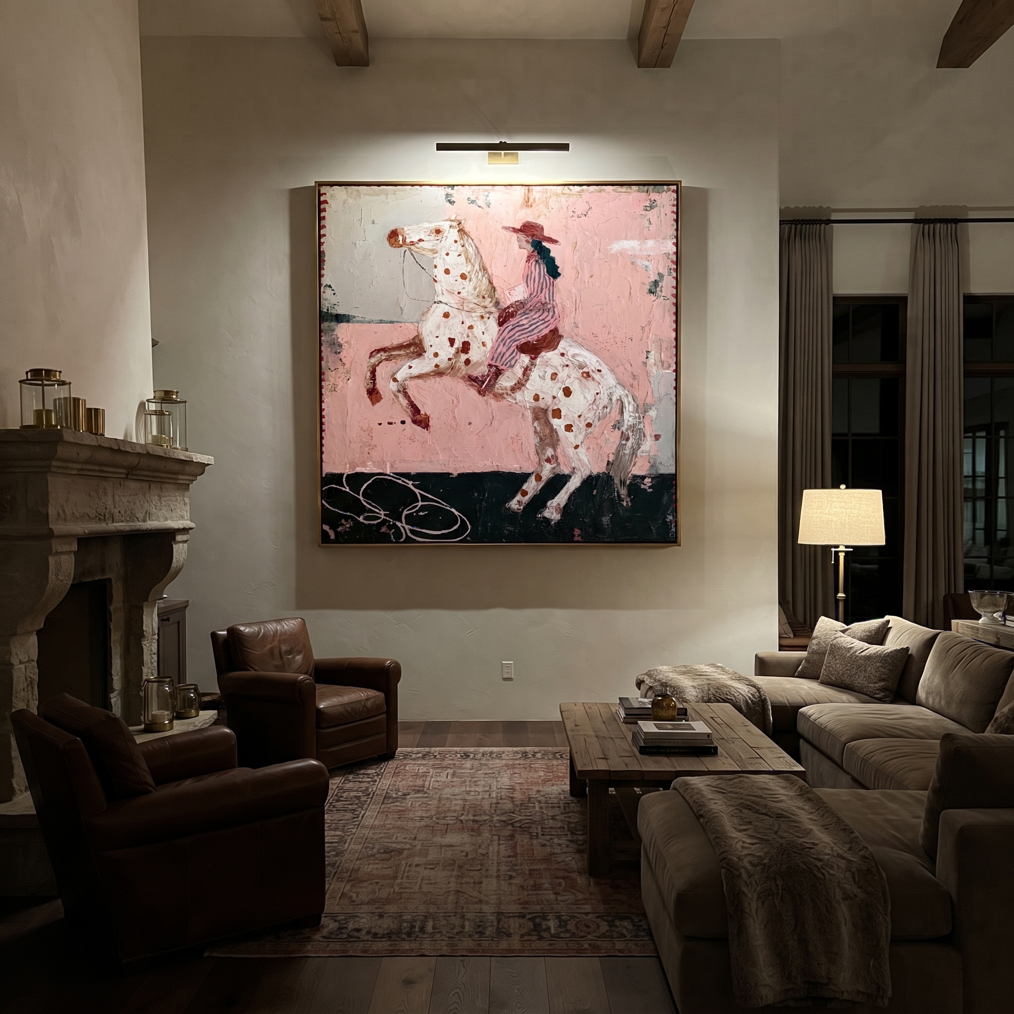 Spotted Horse Rises Blush - rearing horse rider painting by Isabelle Laurent, modern Western square wall art – styled room scene view 2