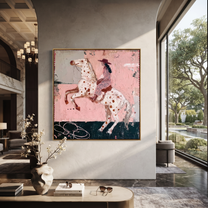 Spotted Horse Rises Blush - rearing horse rider painting by Isabelle Laurent, modern Western square wall art – styled room scene view 3