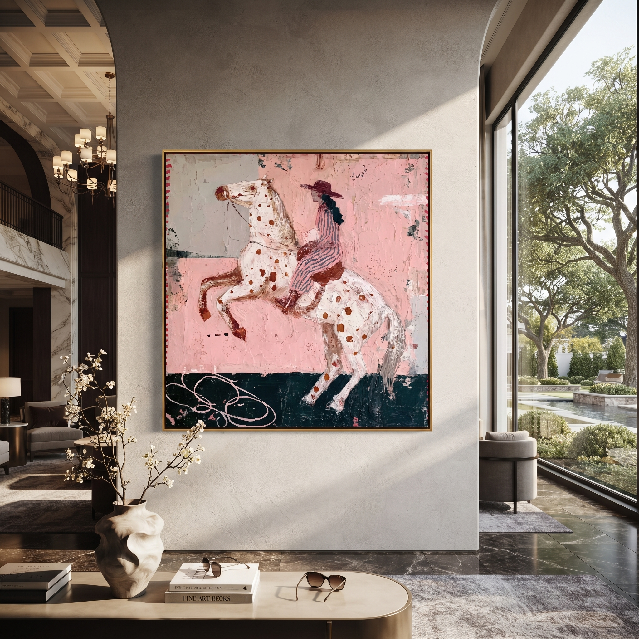 Spotted Horse Rises Blush - rearing horse rider painting by Isabelle Laurent, modern Western square wall art – styled room scene view 3