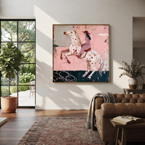 Spotted Horse Rises Blush - rearing horse rider painting by Isabelle Laurent, modern Western square wall art – styled room scene view 4