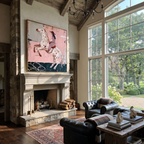 Spotted Horse Rises Blush - rearing horse rider painting by Isabelle Laurent, modern Western square wall art – styled room scene view 5