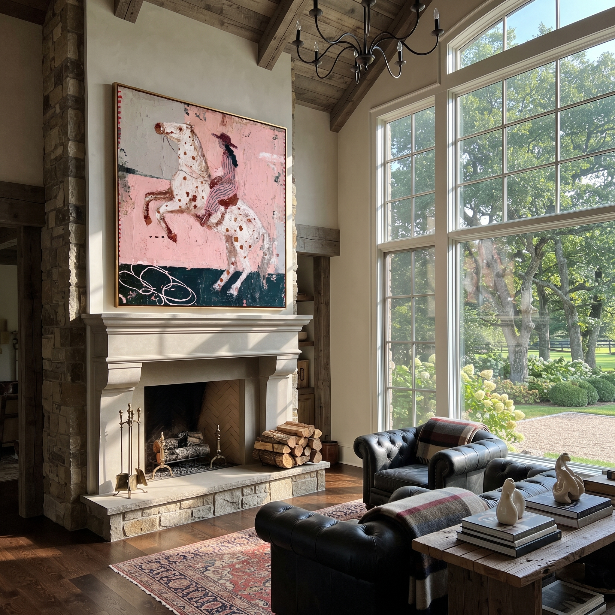 Spotted Horse Rises Blush - rearing horse rider painting by Isabelle Laurent, modern Western square wall art – styled room scene view 5