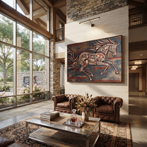Painted Horse Cuts Wind - expressive running horse painting by Isabelle Laurent, modern Western horizontal wall art – styled room scene view 1