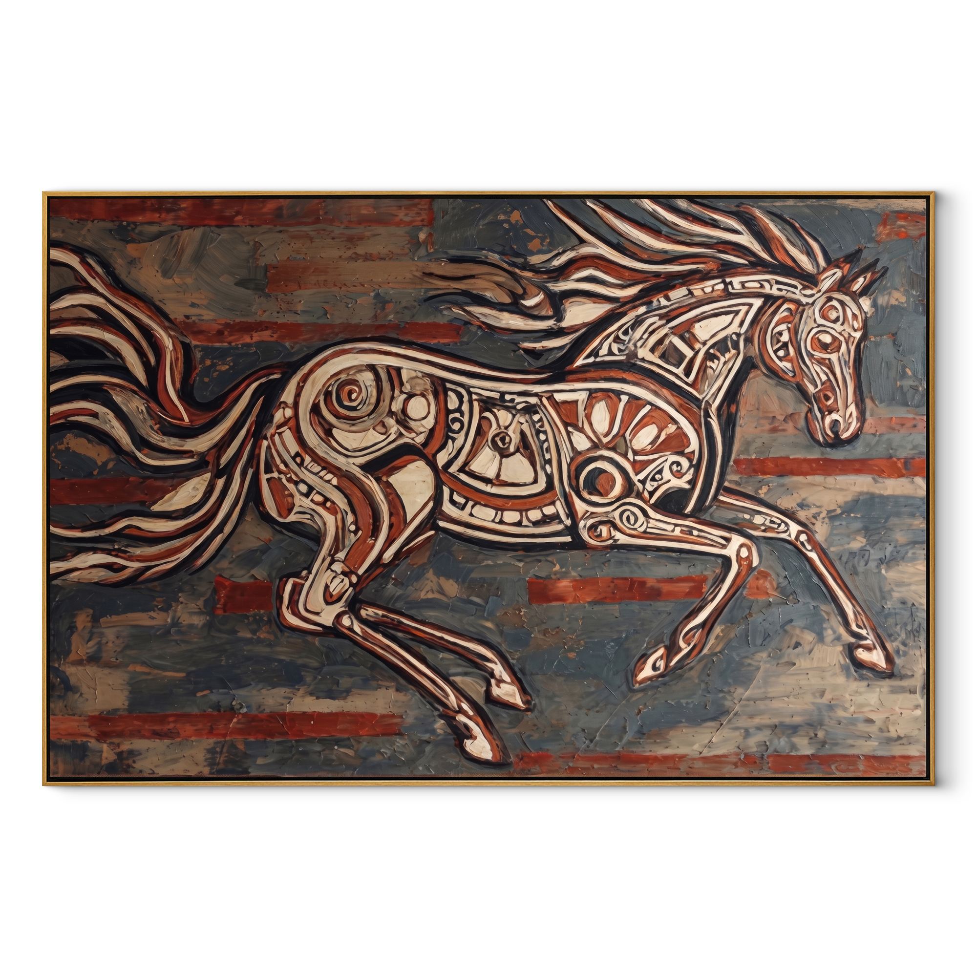Painted Horse Cuts Wind - expressive running horse painting by Isabelle Laurent, modern Western horizontal wall art – wood frame on white background