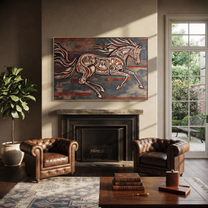 Painted Horse Cuts Wind - expressive running horse painting by Isabelle Laurent, modern Western horizontal wall art – styled room scene view 2
