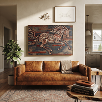 Painted Horse Cuts Wind - expressive running horse painting by Isabelle Laurent, modern Western horizontal wall art – styled room scene view 3