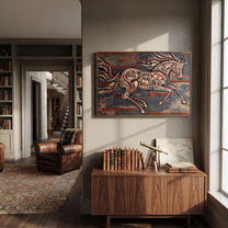 Painted Horse Cuts Wind - expressive running horse painting by Isabelle Laurent, modern Western horizontal wall art – styled room scene view 4