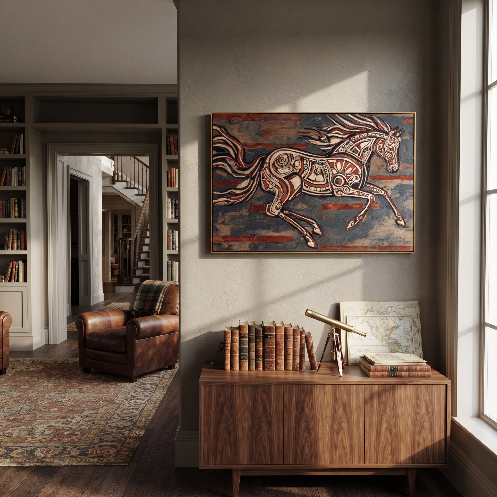 Painted Horse Cuts Wind - expressive running horse painting by Isabelle Laurent, modern Western horizontal wall art – styled room scene view 4