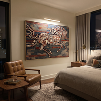 Painted Horse Cuts Wind - expressive running horse painting by Isabelle Laurent, modern Western horizontal wall art – styled room scene view 5