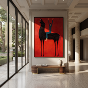 Raised Hands Meet Crimson - black horse rider painting by Isabelle Laurent, modern Western vertical wall art – styled room scene view 1