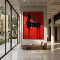 Raised Hands Meet Crimson - black horse rider painting by Isabelle Laurent, modern Western vertical wall art – styled room scene view 1